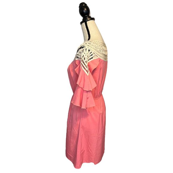Women's Anthropologie Esley Pink Dress White Crochet Pattern Top Tiered Sleeve S - Picture 3 of 7